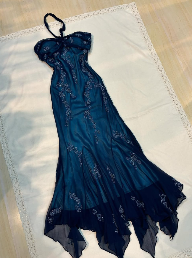 Vintage Mermaid Halter Beaded Navy Blue Chiffon Prom Dress Evening Dress SH2066