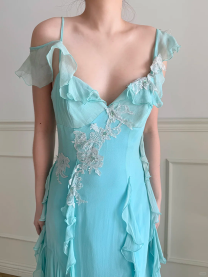 Sweety Blue A Line Straps Lace Appliques Chiffon Tea Length Prom Dress Outfits SH5444
