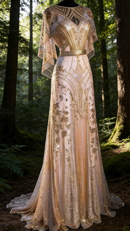 Champagne Gold A-Line Beading Elegant Long Formal Prom Dress Evening Gown, D829