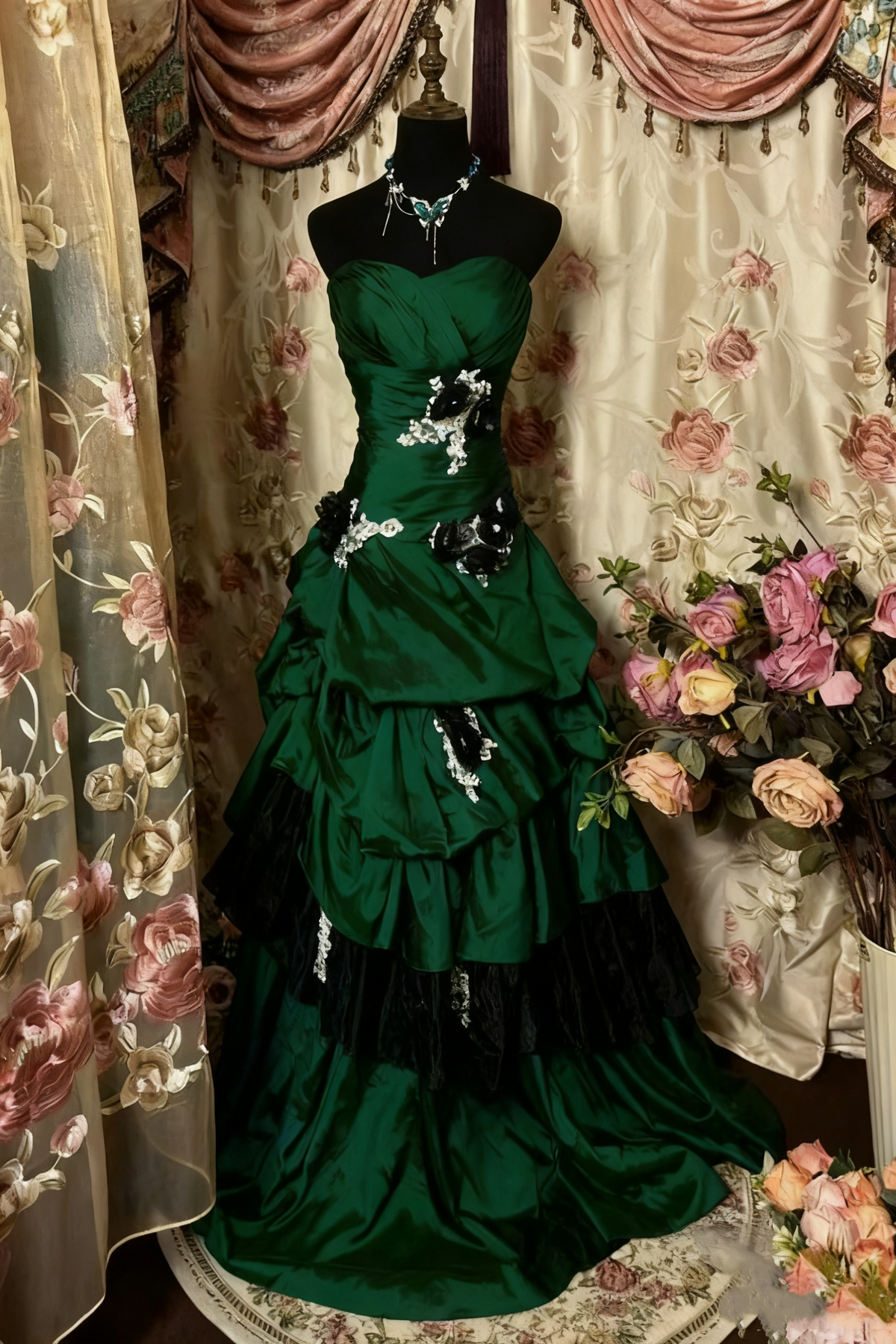 Navy Blue Strapless Appliques Satin Vintage Long Evening Gown, D03