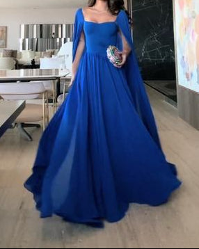 Blue A-Line Chiffon Cape Sleeves Long Formal Evening Party Dress, D118
