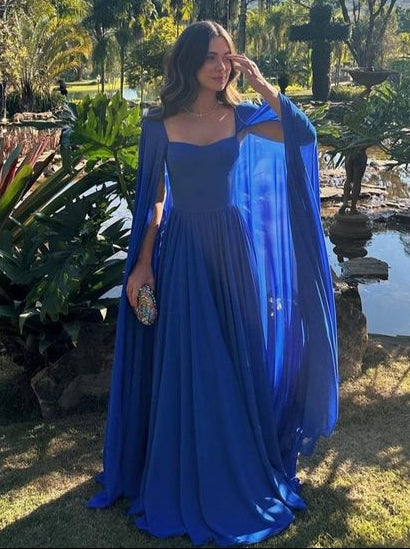 Blue A-Line Chiffon Cape Sleeves Long Formal Evening Party Dress, D118