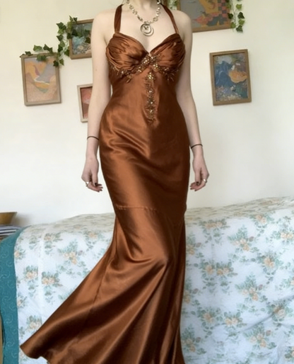 Vintage Halter V Neck  Beaded Appliques 90s Prom Dress Mermaid Evening Dress SH1132