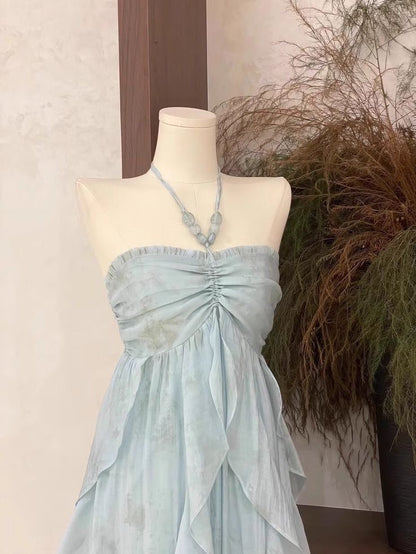 Light Blue Halter A-Line Chiffon Long Party Dress Vacation Dress, D167