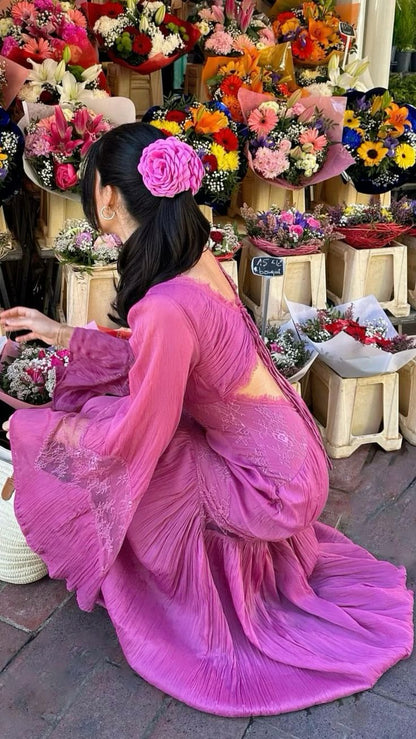 Fuchsia Long Sleeves V Neck Lace Long Party Dress Fashion Vacation Dress, D172