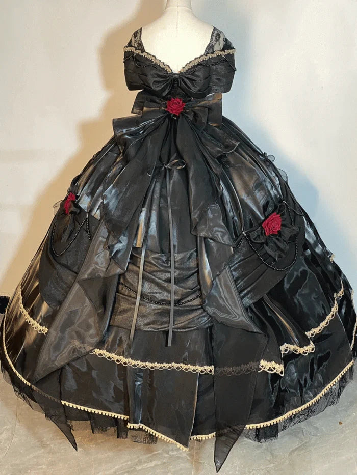 Black Off Shoulder A-Line Lace Satin Birthday Ball Gown Quinceanera Dress, D226
