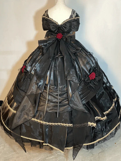 Black Off Shoulder A-Line Lace Satin Birthday Ball Gown Quinceanera Dress, D226
