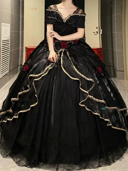 Black Off Shoulder A-Line Lace Satin Birthday Ball Gown Quinceanera Dress, D226