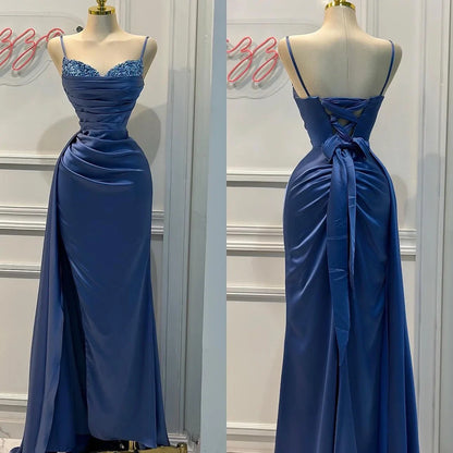 Blue Spaghetti Straps Sheath Satin Long Formal Prom Dress, D27