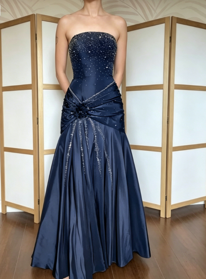 Vintage Black Mermaid Strapless Shiny Beaded Satin Long Party Dress Prom Dress SH5466