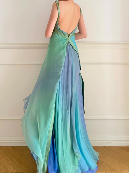 Vintage Dreamy A Line Blue Green Ombre Chiffon Prom Dress Wedding Guest Dress SH5438