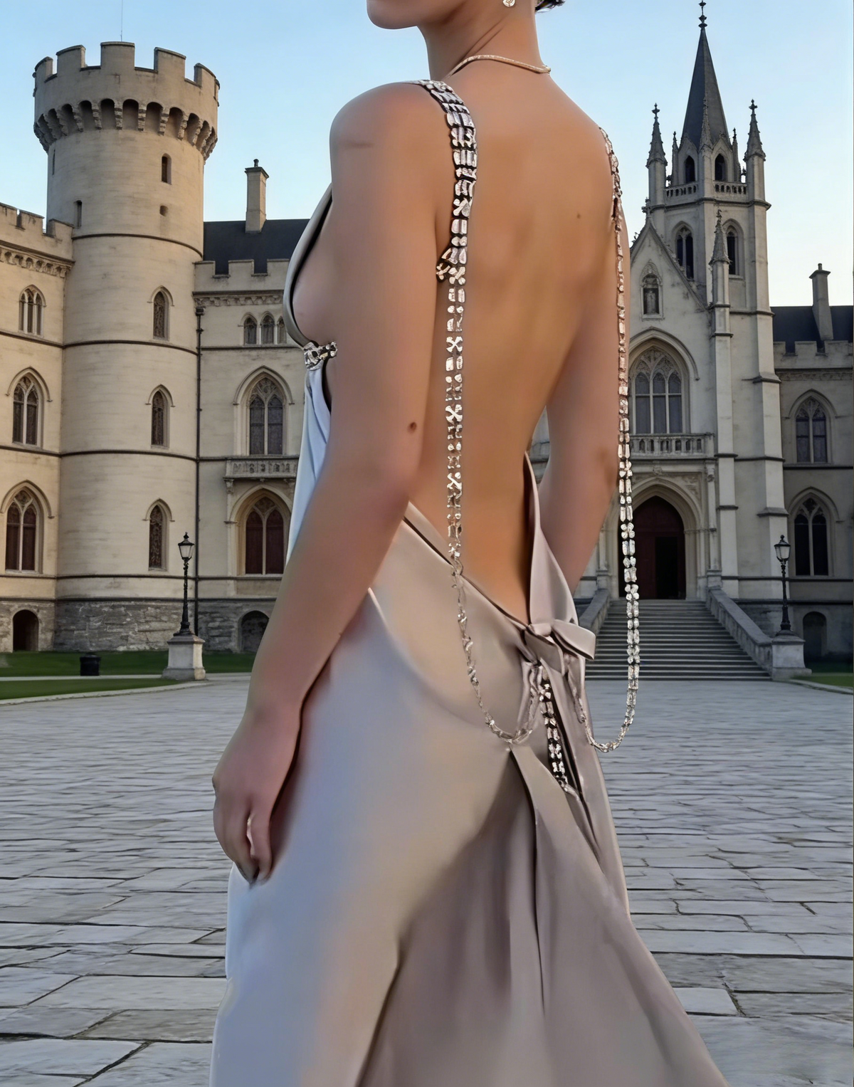 Grey V Neck Straps A-Line Backless Long Party Dress Formal Evening Dress, D514