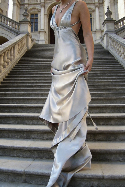 Grey V Neck Straps A-Line Backless Long Party Dress Formal Evening Dress, D514