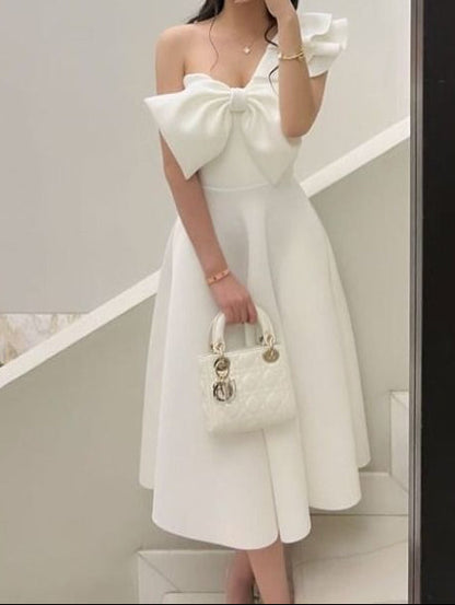 White One Shoulder A-Line Midi Length Party Dress Birthday Dress, D71