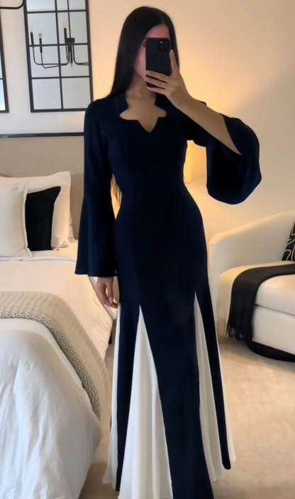 Modest Navy Blue Long Sleeves A-Line Chiffon Long Formal Party Dress, D929