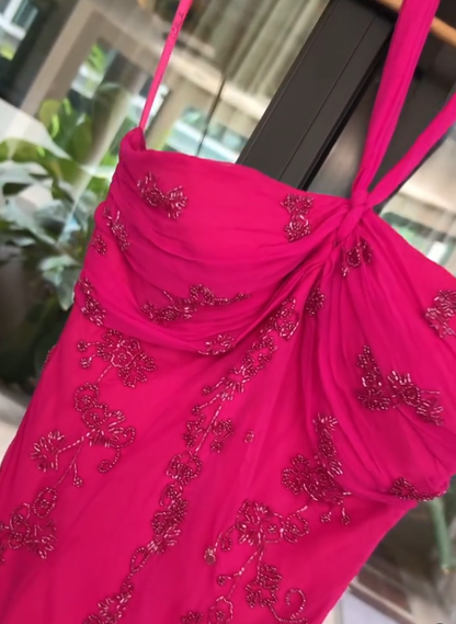 Vintage Charming Hot Pink Beaded Chiffon Long Prom Dress Party Dress SH4884