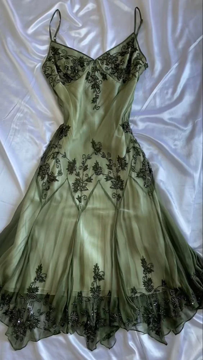 Vintage Green Spaghetti Straps Beaded Chiffon Tea Length Prom Dress SH1017