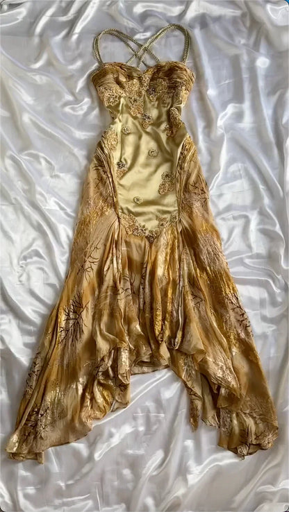 Vintage Golden Sweetheart Applique A-line Spaghetti Strap Evening Dress Prom Dresses, D1433