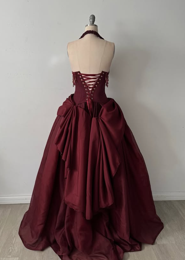 Vintage Burgundy Halter Beaded Satin Long Prom Dress Party Dress SH5531