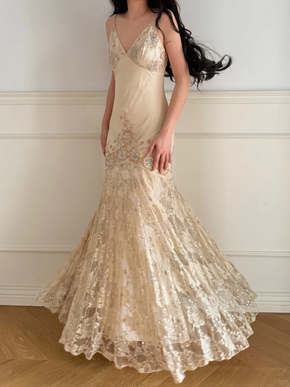 Vintage Apricot Mermaid Straps Beaded Lace Satin Long Prom Dress Wedding Guest Dress SH5505