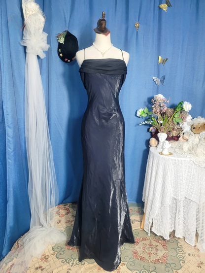 Vintage Black Simple Mermaid Spaghetti Strap Chiffon Satin Prom Dress Outfits SH4955