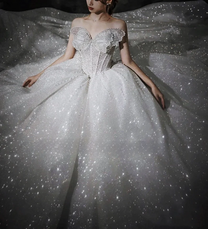 Stunning Ball Gown Strapless Beaded Sequin Prom Dress Wedding Dress with Butterfly SH4456