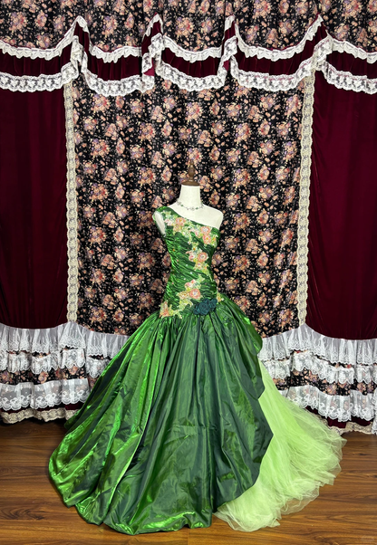 Vintage Bright Green Ball Gown One Shoulder Beaded Satin Tulle Prom Dress Sweet 16 Dress SH5795