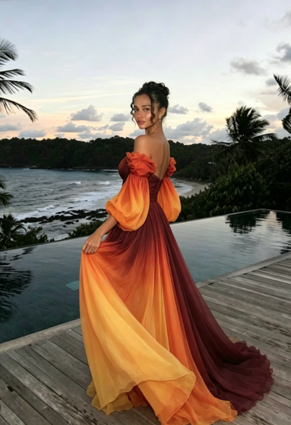 Unique A Line Long Sleeve Orange Ombre Chiffon Prom Dress Evening Dress SH2363