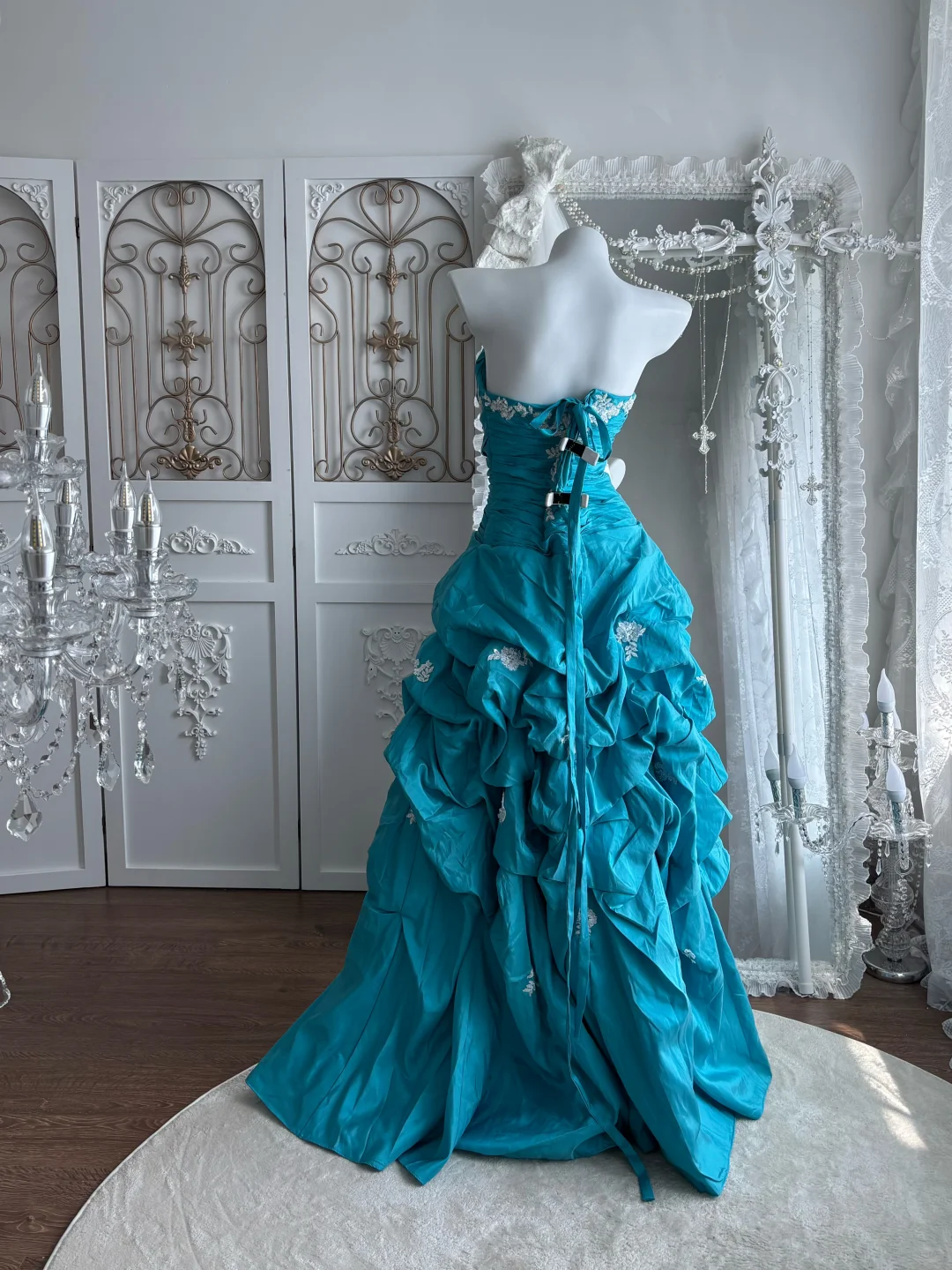 Vintage Blue A Line Strapless Lace Applique Pleated Satin Prom Dress Sweet 16 Dress SH5790