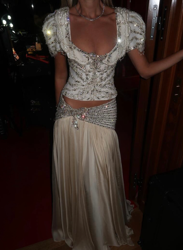 Two Piece Shiny A Line Puff Sleeve Beaded Satin Long Prom Dress Date Dress SH5558