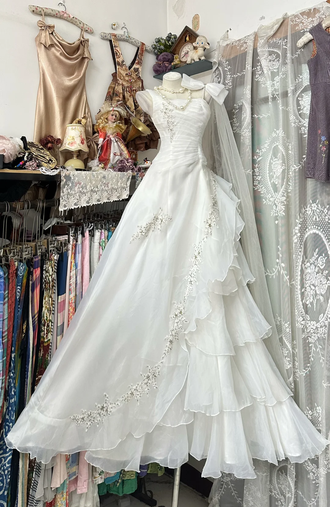 Vintage A Line Straps Beaded White Layered Organza Long Prom Dress SH5243