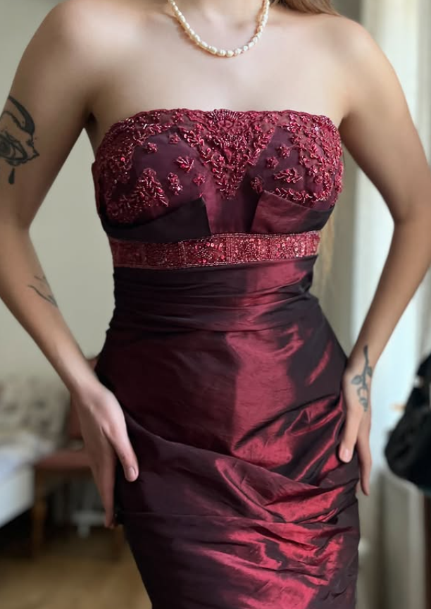 Vintage Burgundy Mermaid Strapless Beaded Satin Prom Dress Evening Dress Date Dress SH5639