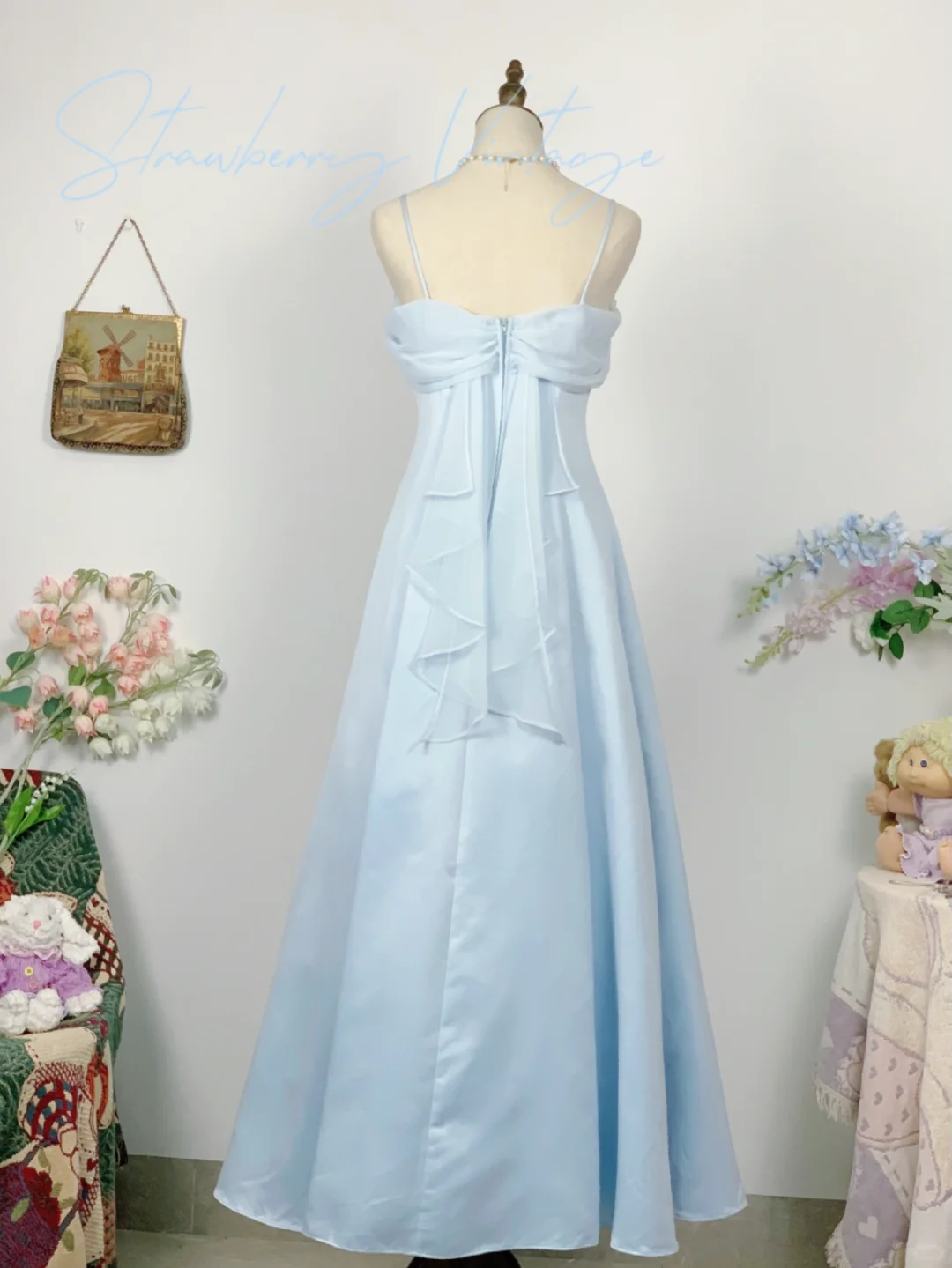 Vintage Baby Blue Simple A Line Spaghetti Strap Chiffon Satin Prom Dress Outfits SH4951