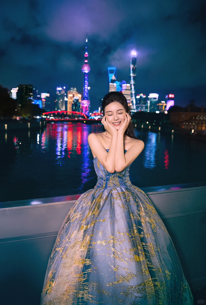 Unique A Line Strapless Blue Ombre Tulle Long Prom Dress Evening Dress B96