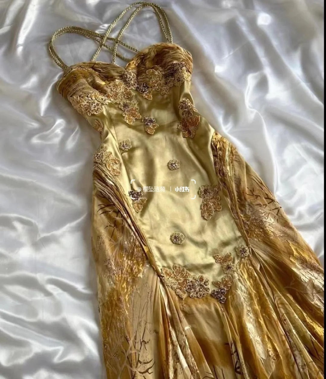 Vintage Golden Sweetheart Applique A-line Spaghetti Strap Evening Dress Prom Dresses, D1433