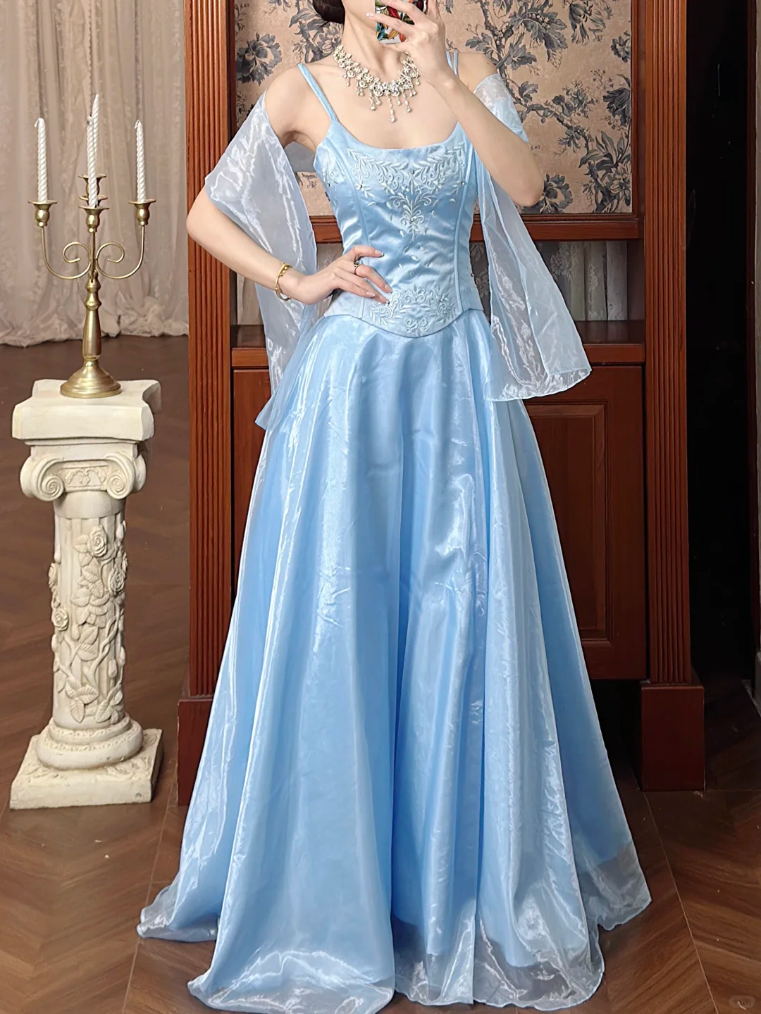 Vintage Blue A Line Embroidery Organza Satin Long Prom Dress Evening Dress SH5654
