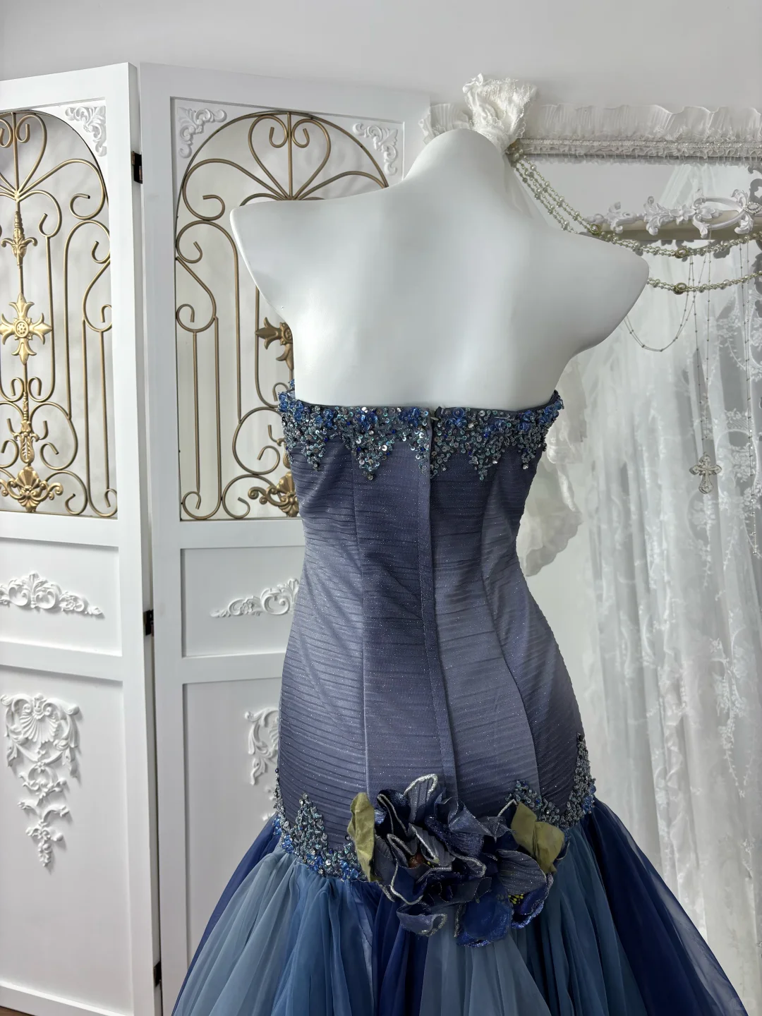 Vintage Blue Ombre A Line Strapless Shiny Beaded Tulle Prom Dress Sweet 16 Dress SH5981