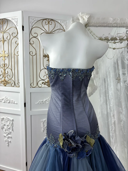 Vintage Blue Ombre A Line Strapless Shiny Beaded Tulle Prom Dress Sweet 16 Dress SH5981