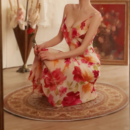 Vintage Floral A-line V-neck Spaghetti Strap Evening Dress Prom Dresses, D1432