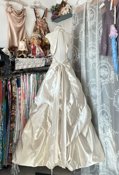 Vintage A Line Halter Beaded Ivory Satin Open Back Long Prom Dress SH5244
