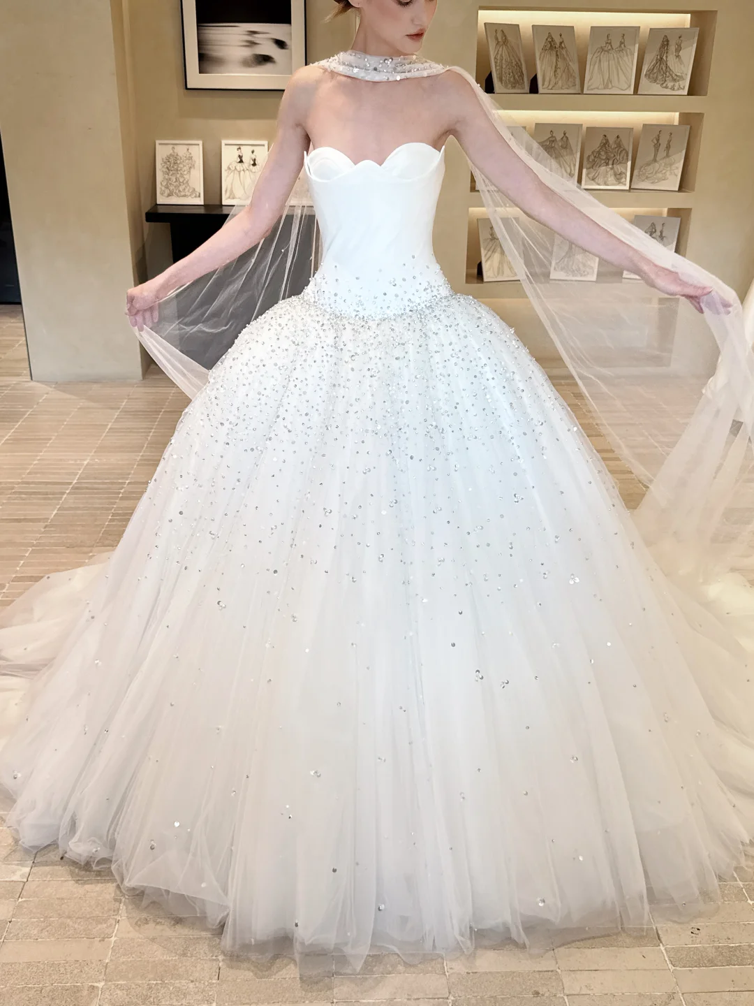 Stunning Ball Gown Strapless Exquisite Beaded White Satin Tulle Long Wedding Dress SH5094
