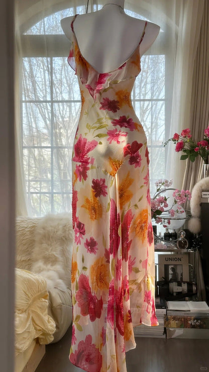 Vintage Floral A-line V-neck Spaghetti Strap Evening Dress Prom Dresses, D1432