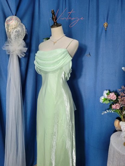 Vintage Green Simple Mermaid Spaghetti Strap Chiffon Satin Prom Dress Outfits SH4954