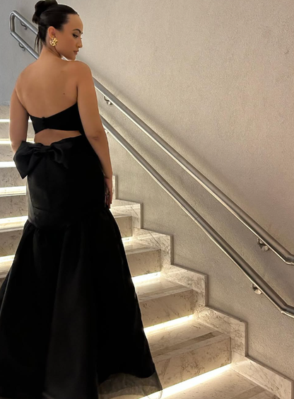 Unique Mermaid Strapless Black Tulle Satin Long Prom Dress Evening Dress with Bow SH2266