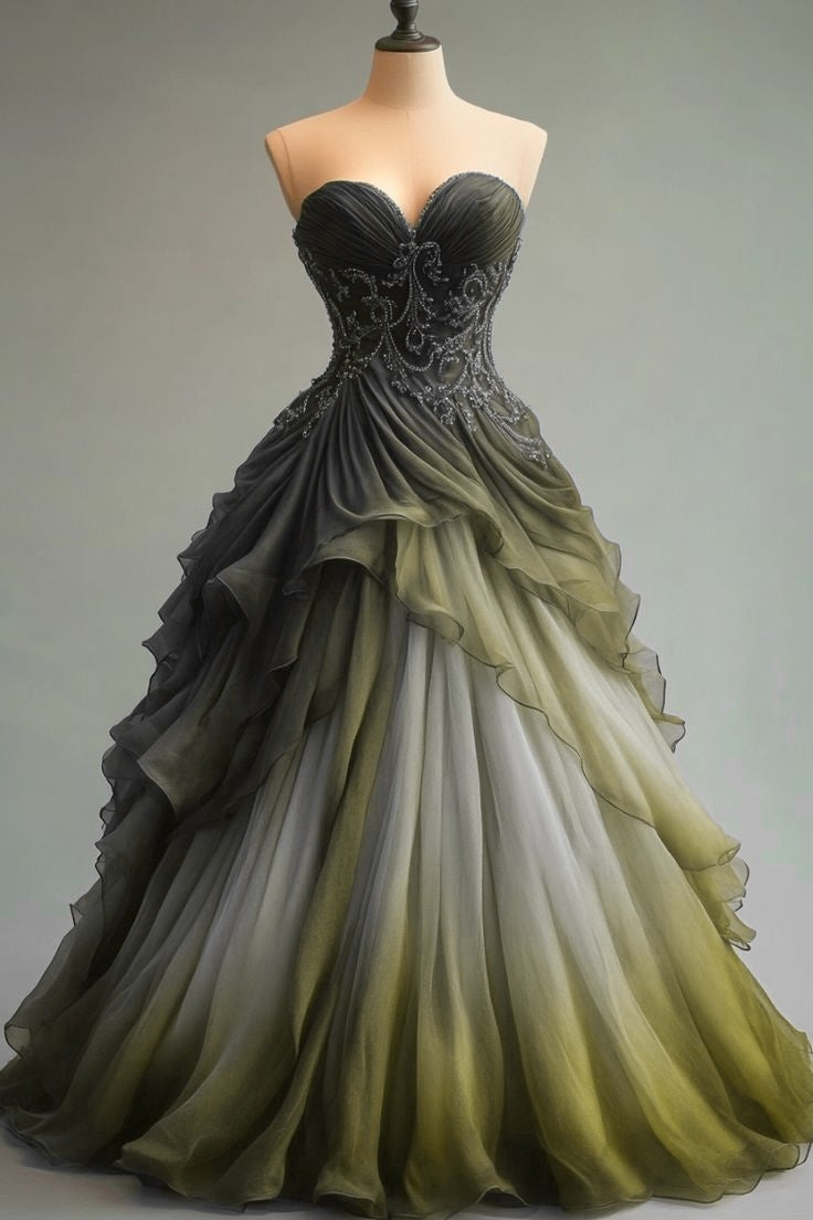 A-line Sweetheart Neck Tulle Beaded Long Prom Dress Elegant Quinceañera Dress ED01487