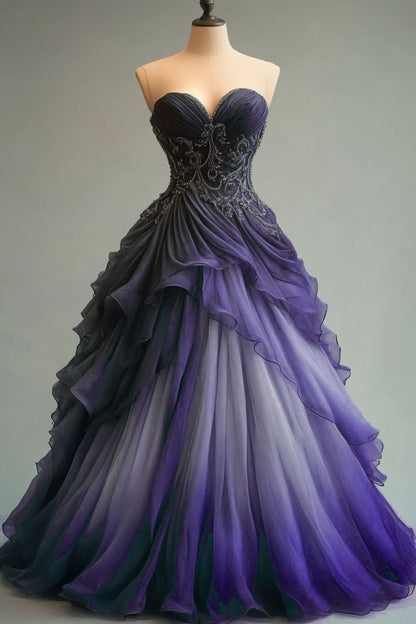 A-line Sweetheart Neck Tulle Beaded Long Prom Dress Elegant Quinceañera Dress ED01487