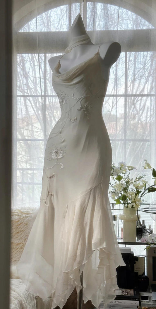 🫧Y2K Fairytale White Chiffon Short Prom Dress Vintage Applique Beading Party Dresses  ED01930