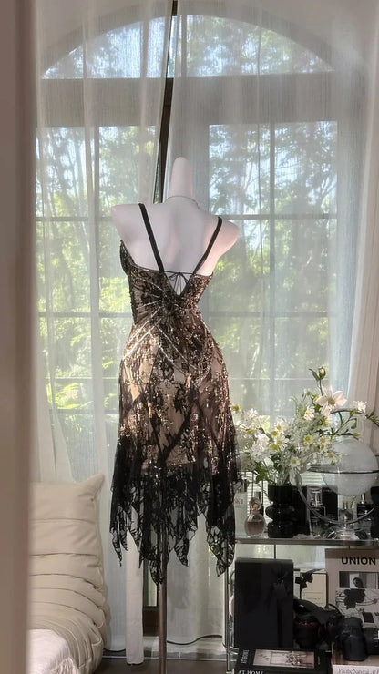 Stunning Sexy A Line Spaghetti Strap Beaded Black Lace Homecoming Dress Cocktail Dress SH3770