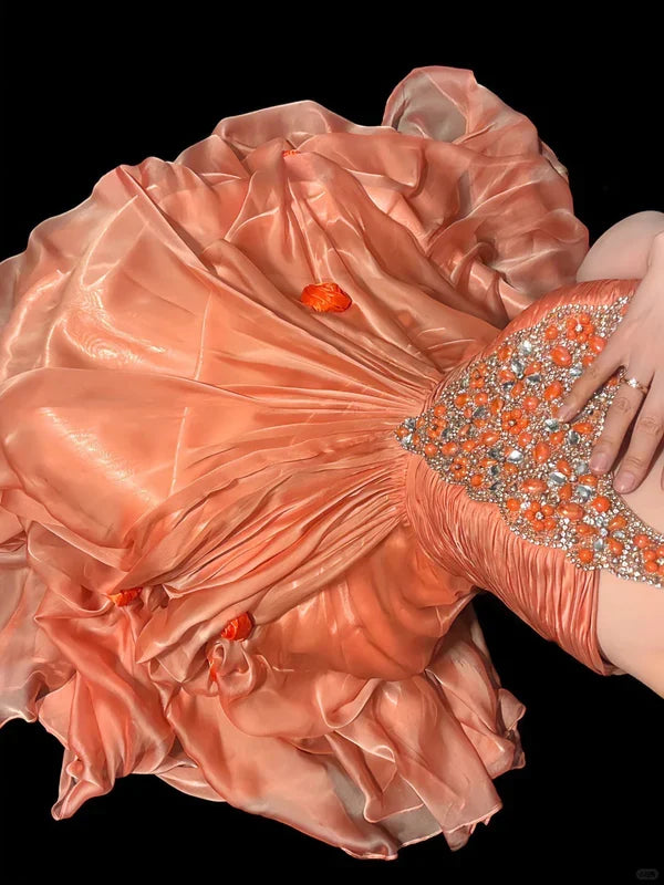 Stunning Orange A Line Straps Beaded Chiffon Prom Dress Party Dress SH3804