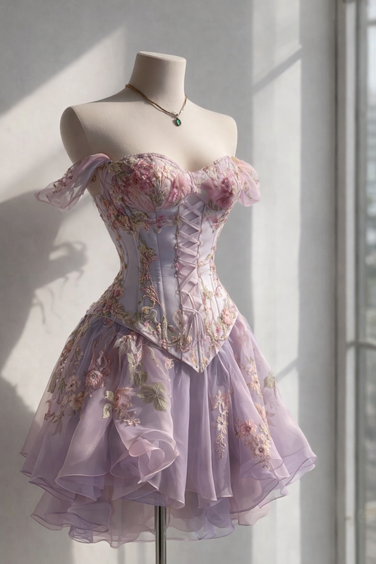 Fairy Light Purple Short Birthday Dress with Tulle Embroidery A-line Party Dress  ED07432